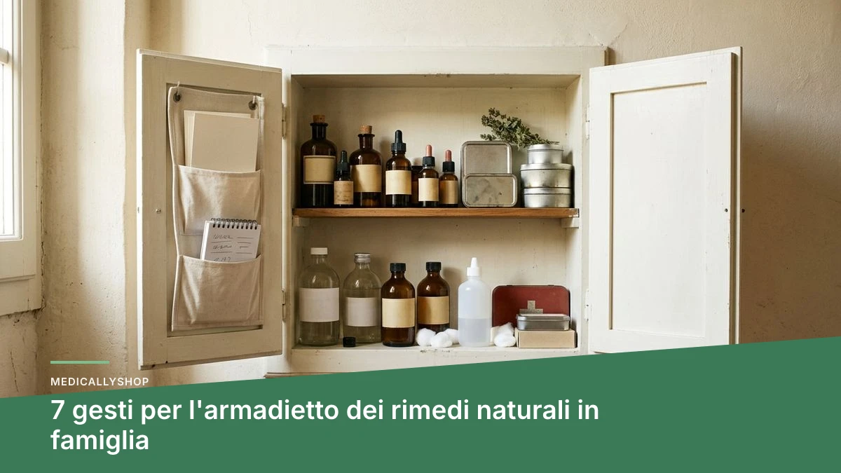 Armadietto dei rimedi naturali per la famiglia con flaconi etichettati