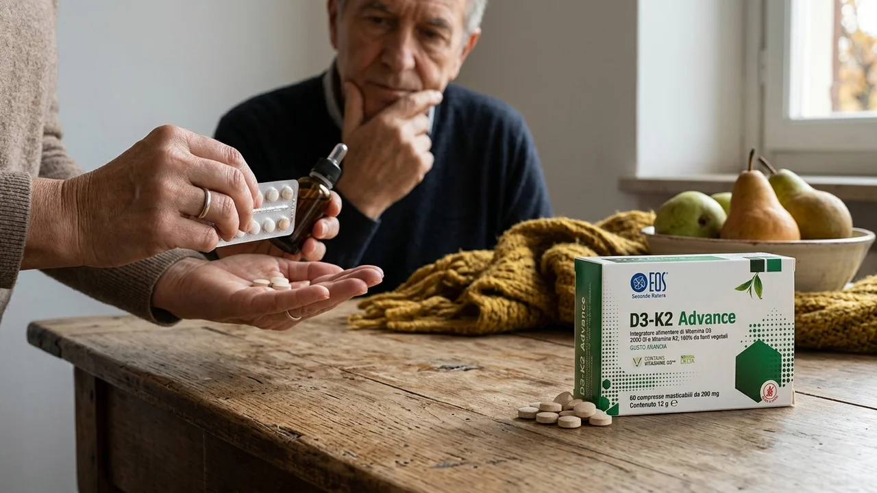 Etichetta di un integratore letta con attenzione accanto a una tazza e luce di finestra
