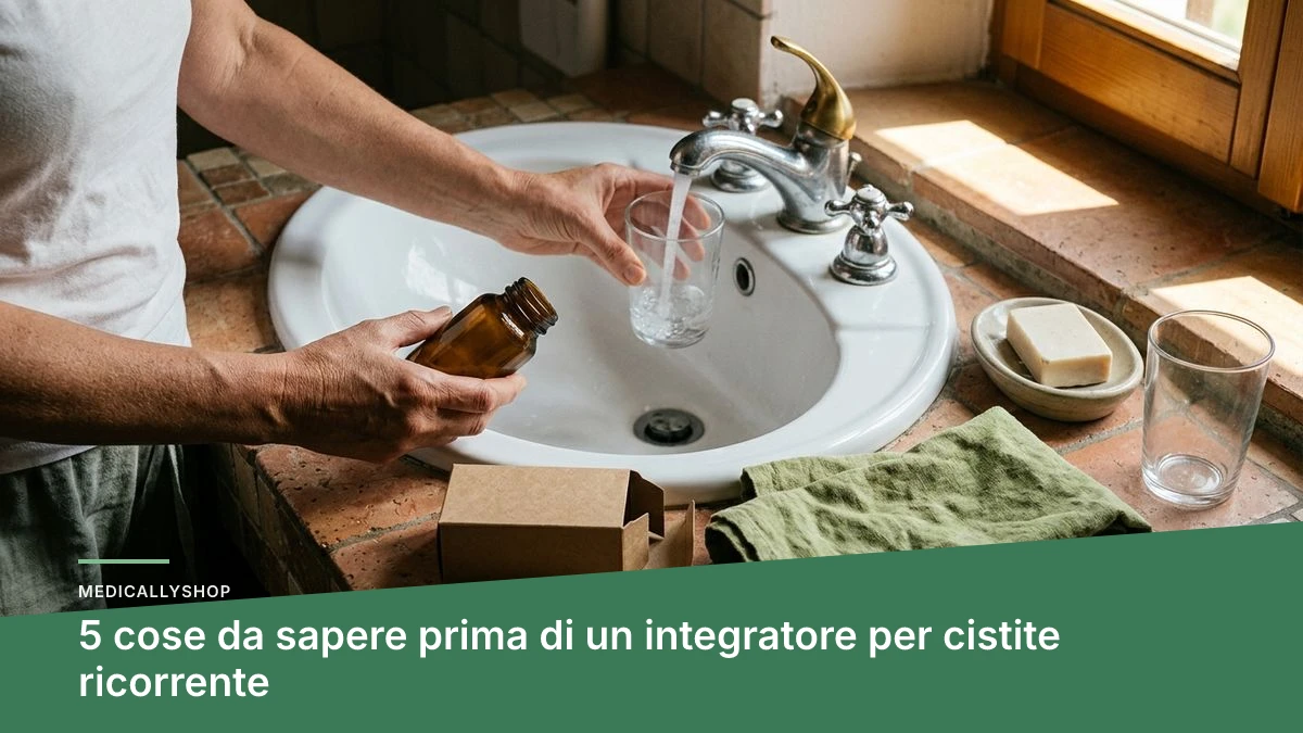 Donna che confronta l'etichetta di un integratore per cistite ricorrente