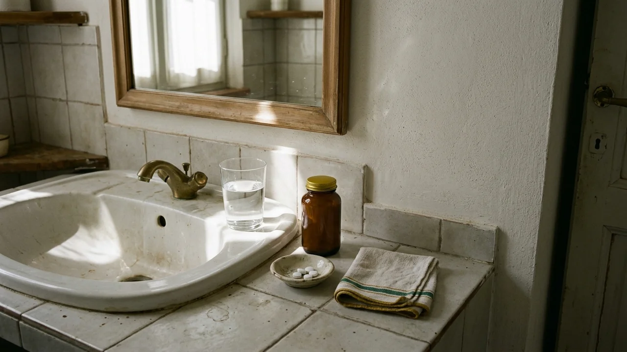 Bicchiere d'acqua e integratore di D-mannosio sul tavolo della cucina