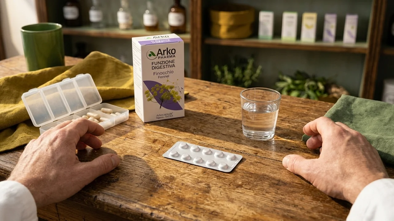 Routine mattutina con integratori per intestino sensibile e bicchiere d'acqua