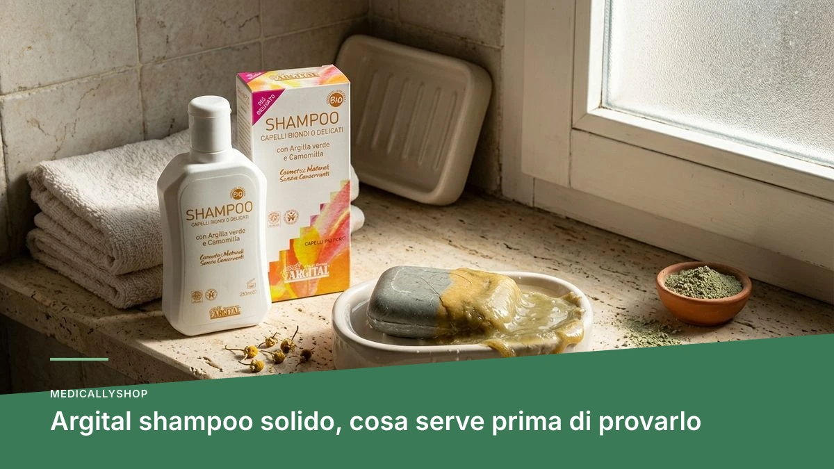 Argital shampoo solido bagnato tra le mani sotto l'acqua in doccia