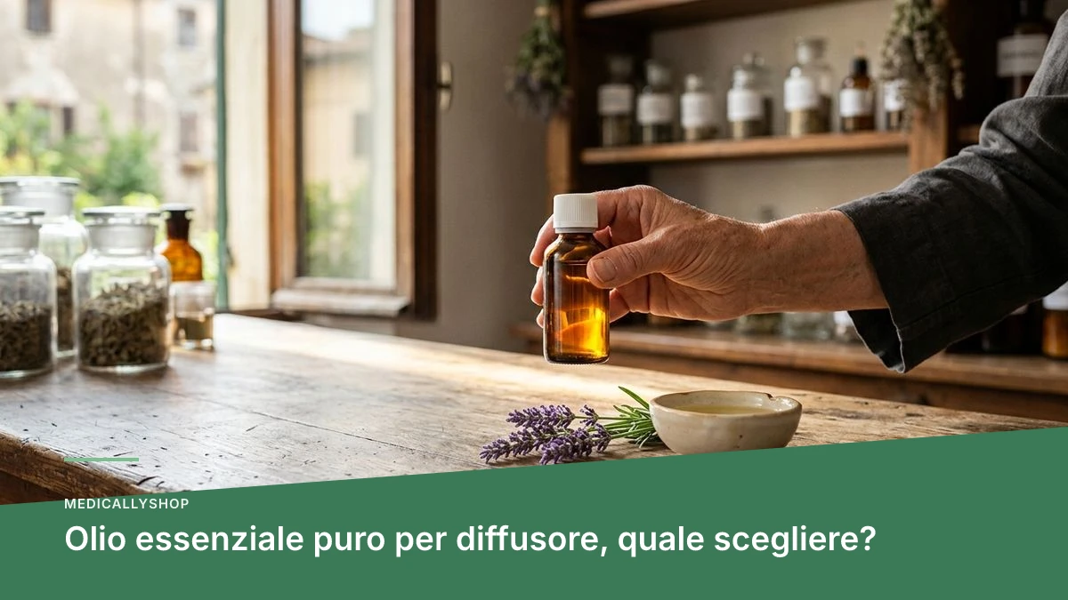 Flacone di olio essenziale puro per diffusore accanto a un diffusore per ambiente