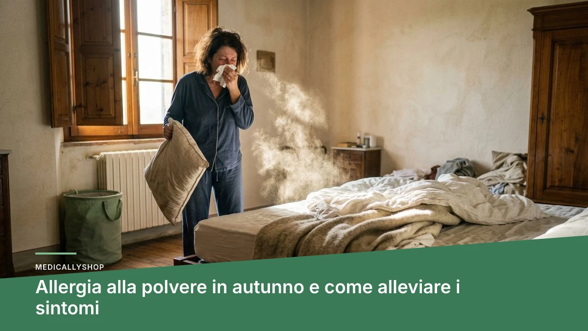 Camera da letto autunnale con luce sul letto dove si accumula polvere