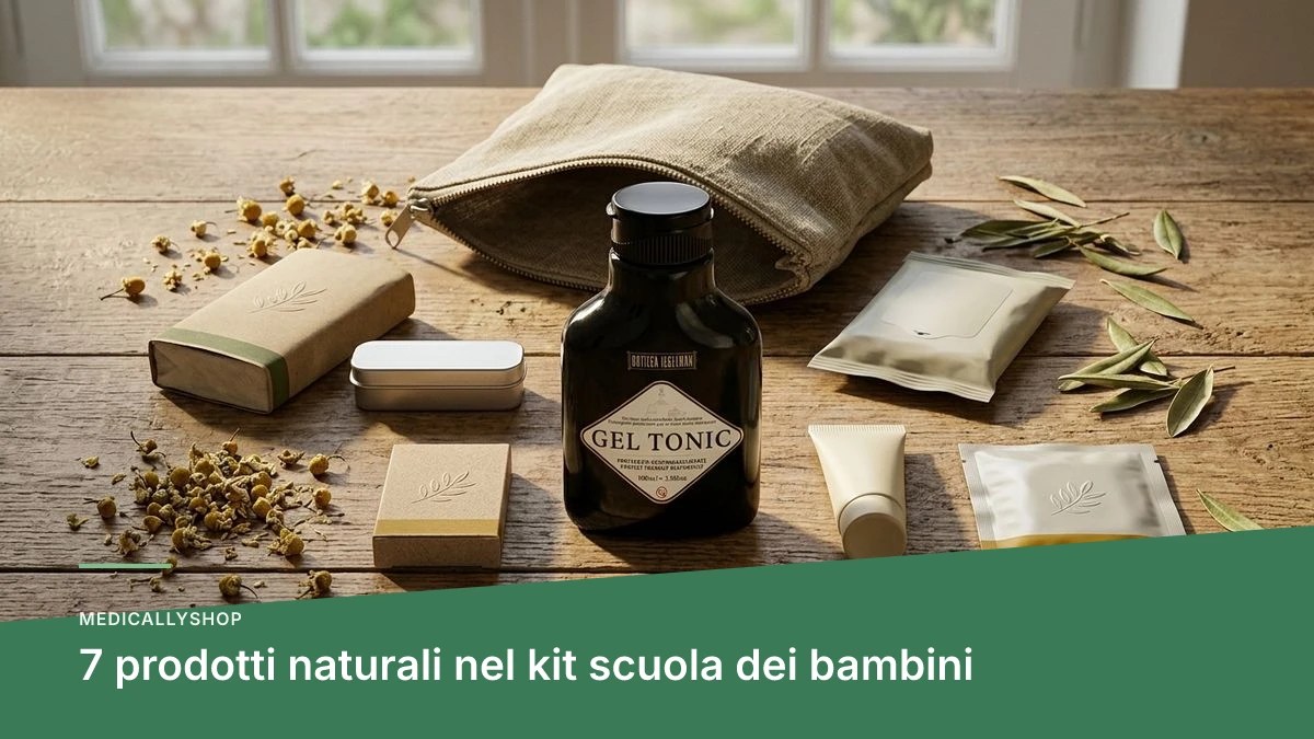 Kit scuola di prodotti naturali per bambini accanto a uno zaino aperto