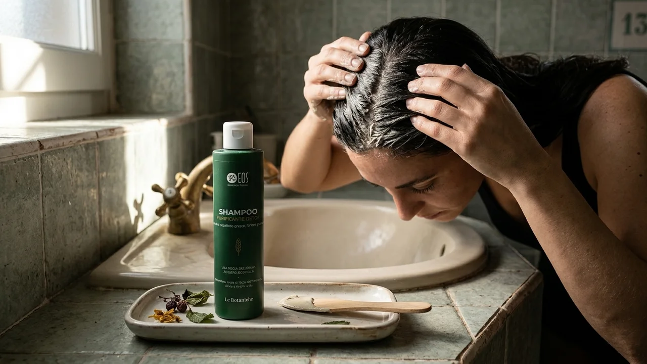 Massaggio delicato del cuoio capelluto durante lo shampoo naturale