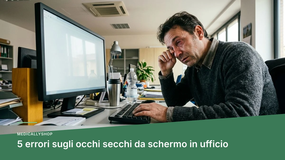 Scrivania con monitor acceso e occhi secchi da schermo dopo ore di lavoro