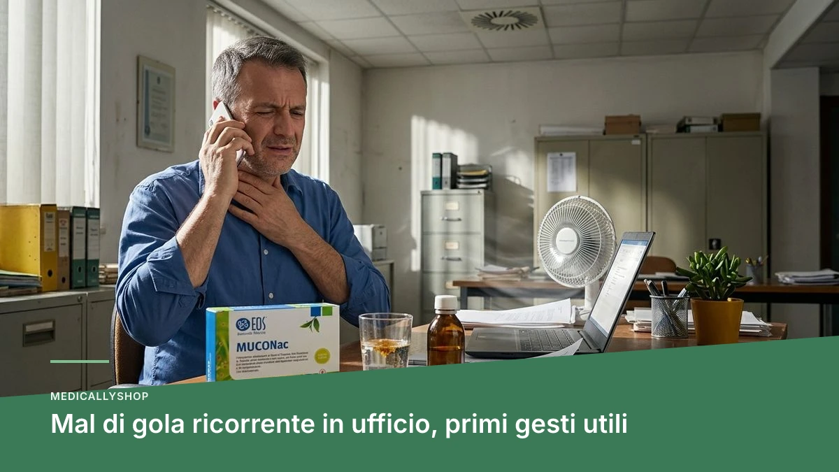 Postazione di lavoro con bottiglia d'acqua e mal di gola ricorrente in ufficio