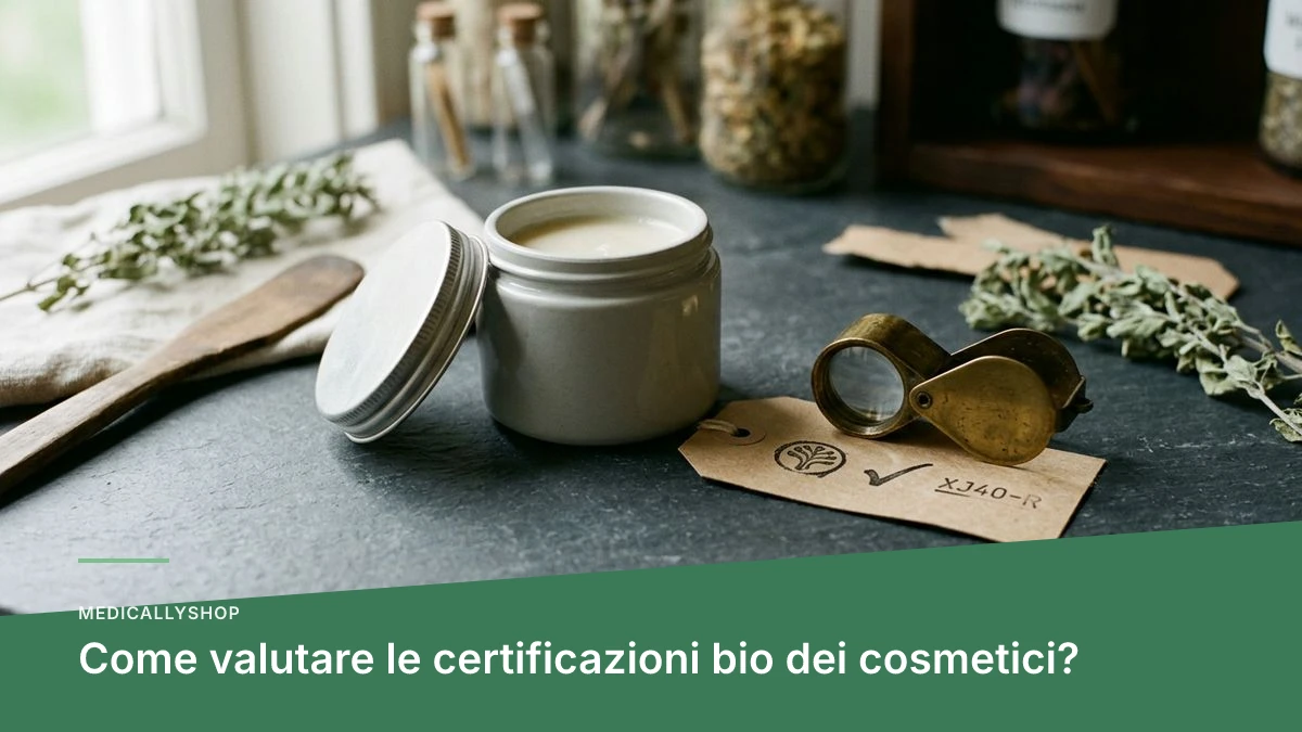 Etichetta di un cosmetico bio con marchio, elenco ingredienti e dati dell'ente