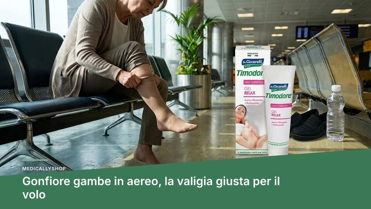 Valigia aperta con calze a compressione e gel per gambe prima di un volo