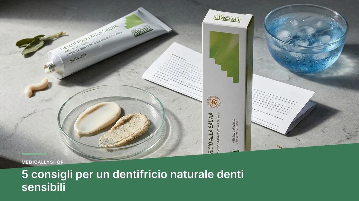 Dentifricio naturale per denti sensibili accanto a uno spazzolino a setole morbide