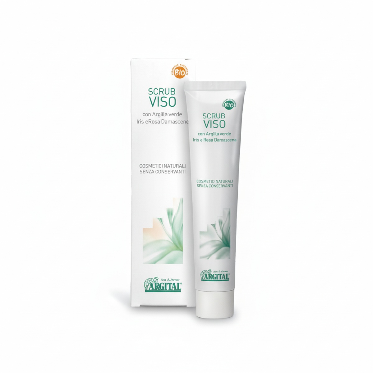Due tubetti di scrub viso bianco con etichetta verde e illustrazioni stilizzate