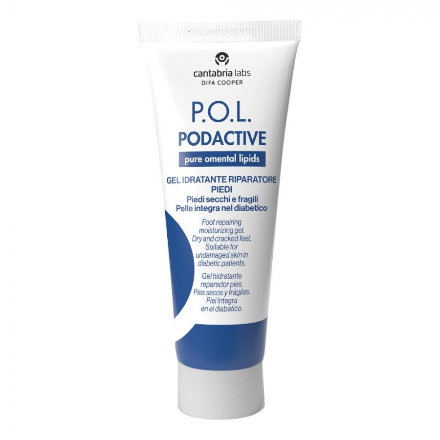 Un tubetto di gel bianco e blu con l'etichetta "cantabria labs P.O.L. Podactive