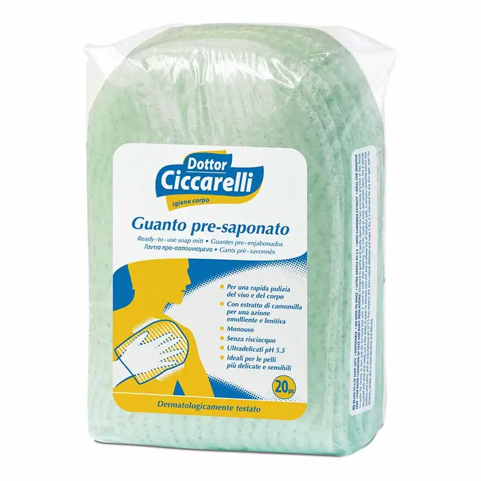 Confezione in plastica trasparente con 20 guanti pre-saponati verdi e un'etichetta blu e gialla