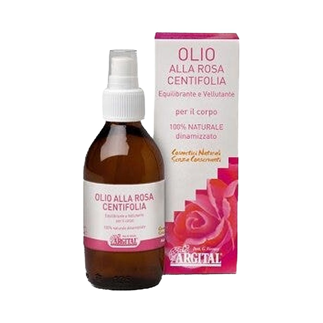 Flacone di vetro ambrato con spray e scatola rosa che mostra un'immagine di una rosa