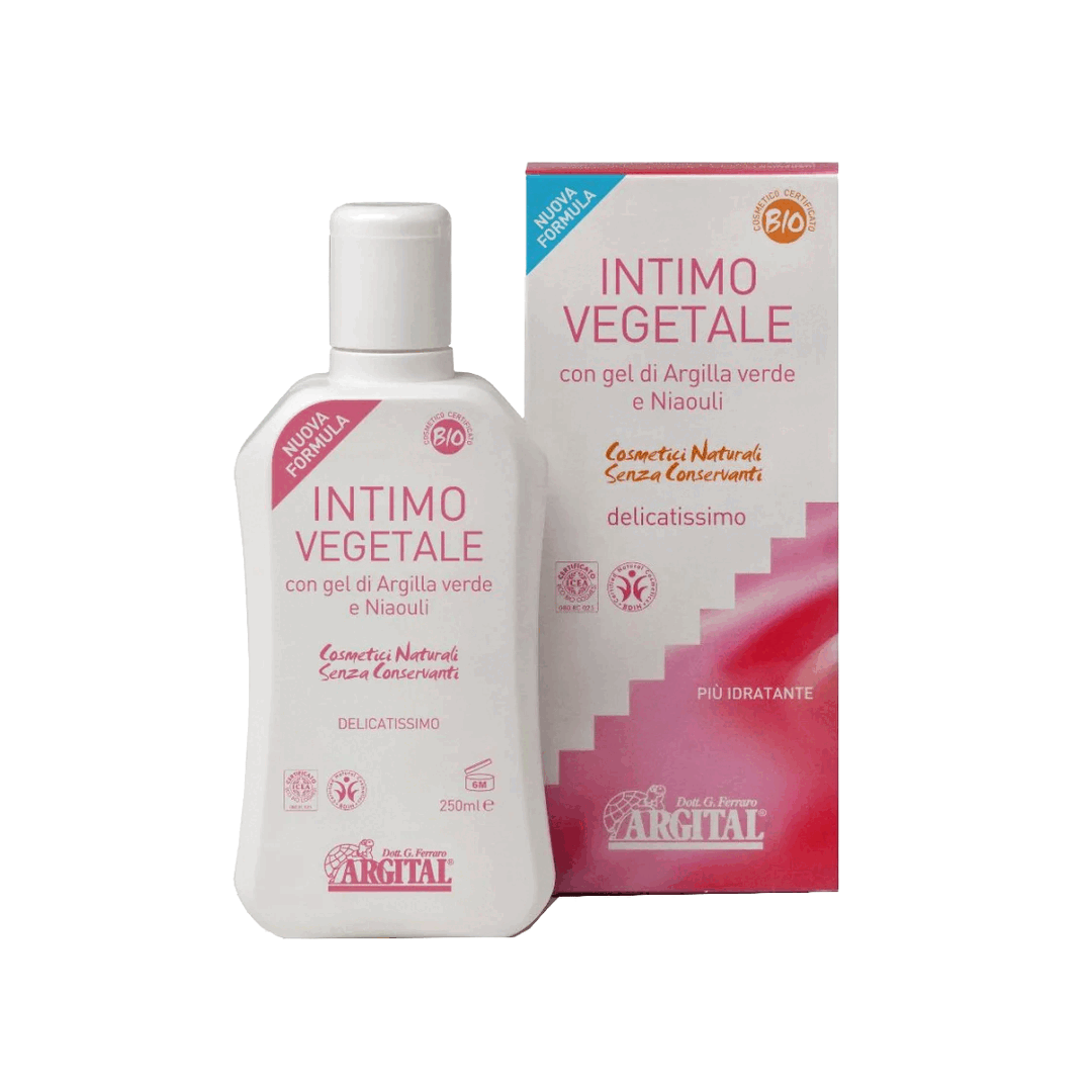 Due flaconi bianchi di Intimo Vegetale ARGITAL da 250 ml, su sfondo grigio chiaro