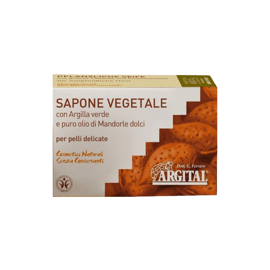 Confezione di saponette vegetali ARGITAL su gradini, con etichetta verde e marrone a vista