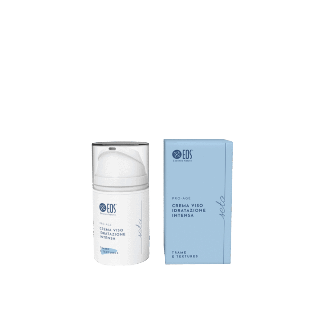 Un tubetto e una scatola di crema viso bianca con logo EOS e scritte blu