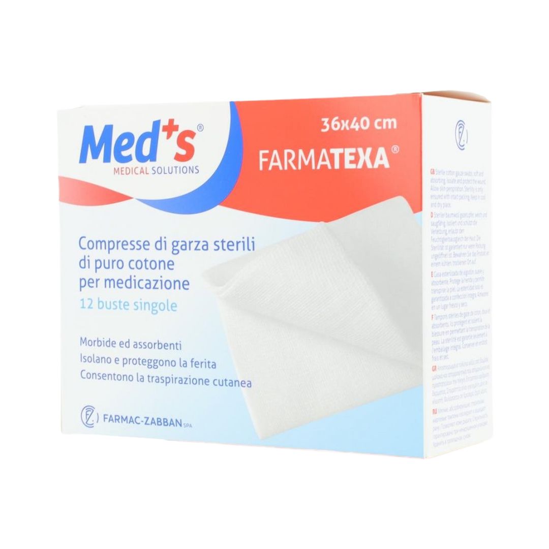 Scatola di garze sterili Meds FARMATEXA, con 12 buste singole e illustrazione del prodotto