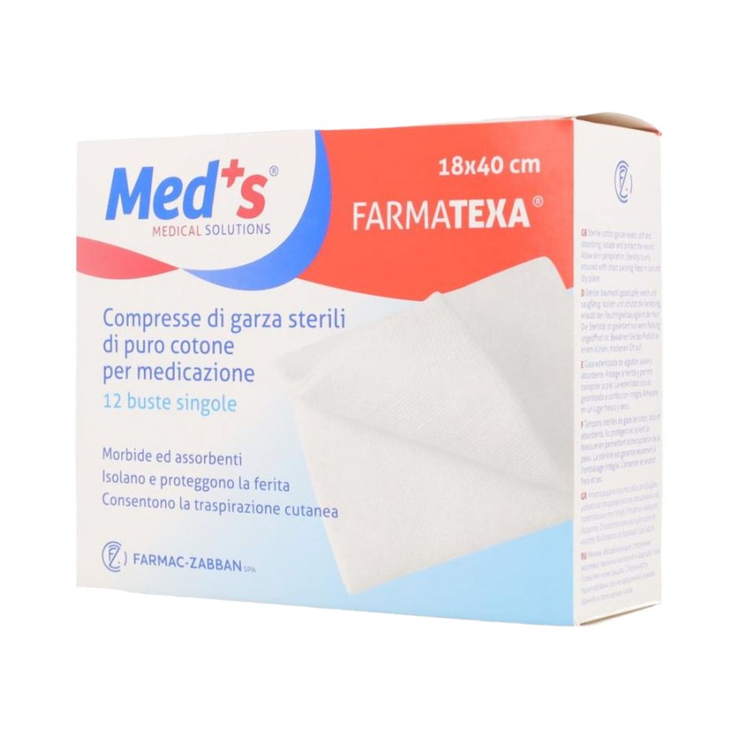 Scatola di garze sterili Farmatexa, con confezione da 12 buste singole, su sfondo bianco