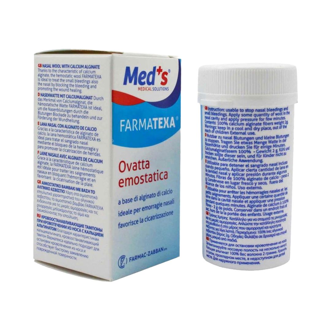 Un tubo di Ovatta Emostatica Meds, FARMAC-ZABBAN, su uno sfondo bianco