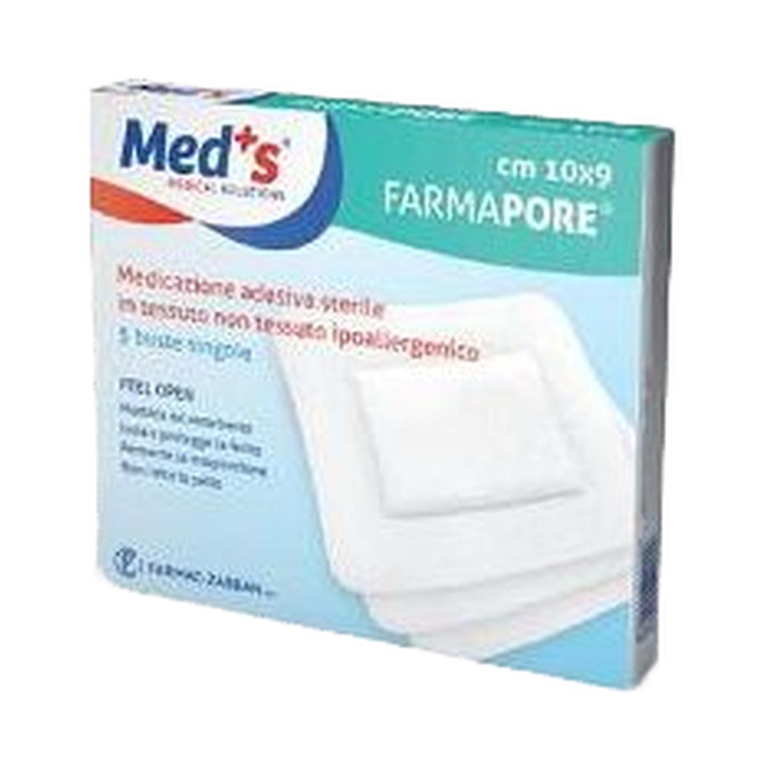 Confezione blu con medicazioni sterili Farmapore in tessuto non tessuto, 5 buste singole visibili