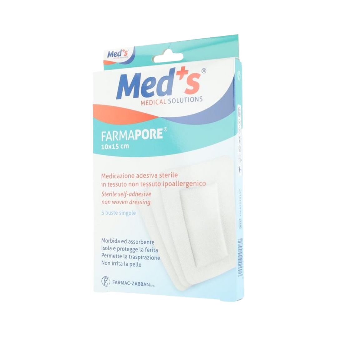 Confezione in plastica blu con un pacchetto di medicazioni Farmapore beige e la scritta Med's