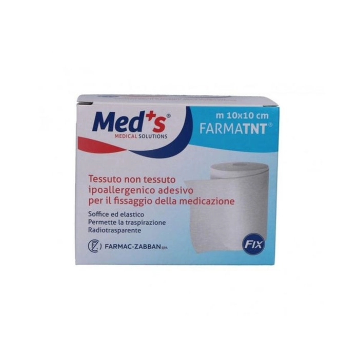 Confezione di cerotti Meds Tnt Cer Fix 10x10cm, con rotolo di tessuto adesivo bianco e scatola rossa e blu