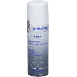 Flacone cilindrico bianco e grigio con etichetta blu e scritta "Farmactive Spray