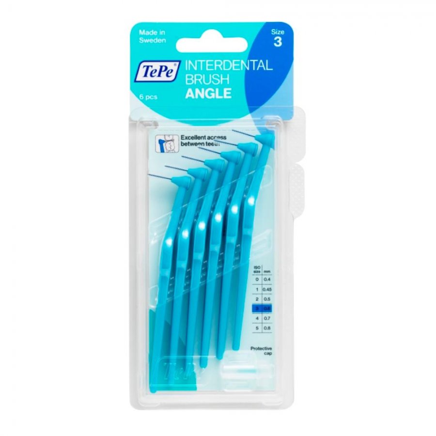 Confezione in plastica trasparente con sei spazzolini interdentali blu TePe Angle, con indicazione "3" e "6 pcs