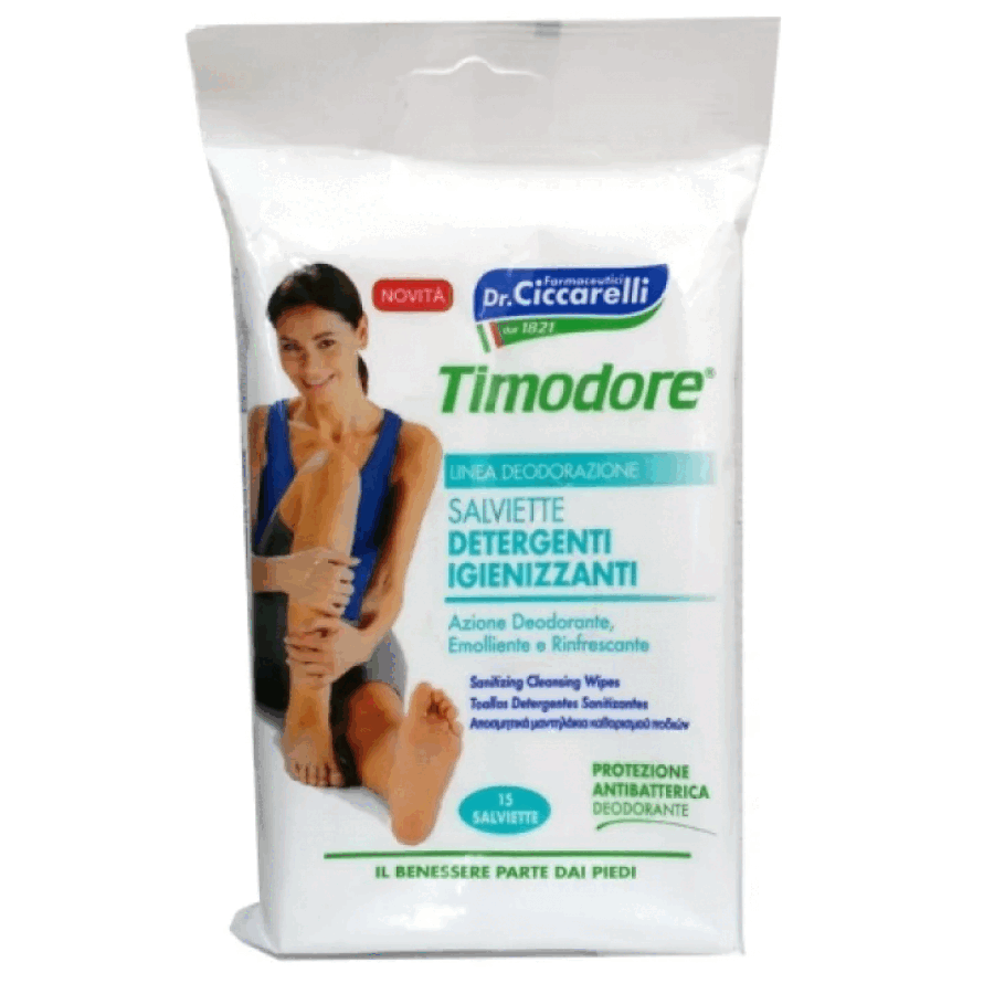 Confezione bianca di Timodore Salviette Deodoranti Igieniche con 15 salviette, raffigurante una donna che si pulisce i