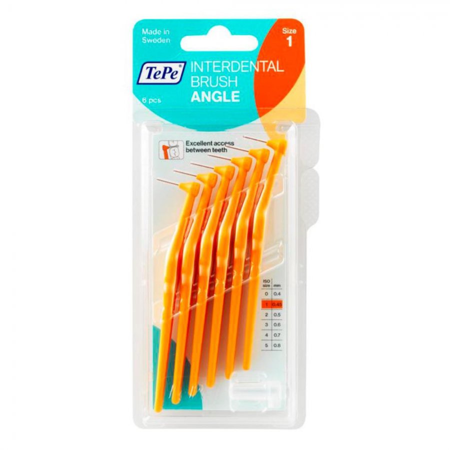 Confezione in plastica trasparente con 6 spazzolini interdentali arancioni a forma di angolo, marca TePe