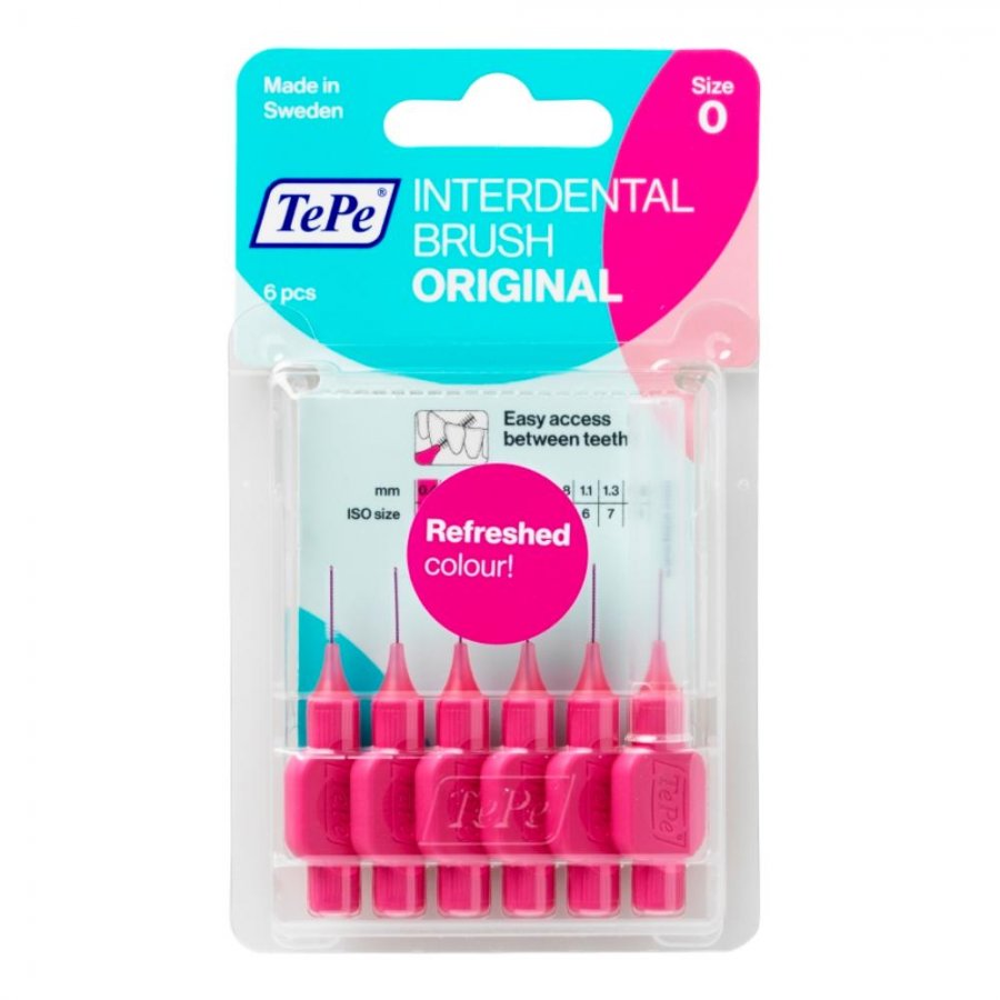 Confezione in plastica trasparente con sei spazzolini interdentali rosa, etichettati TePe Interdental Brush Original