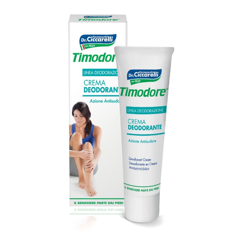 Confezione di crema deodorante Timodore CICCARELLI, in tubetto bianco e scatola verde con una donna ritratta