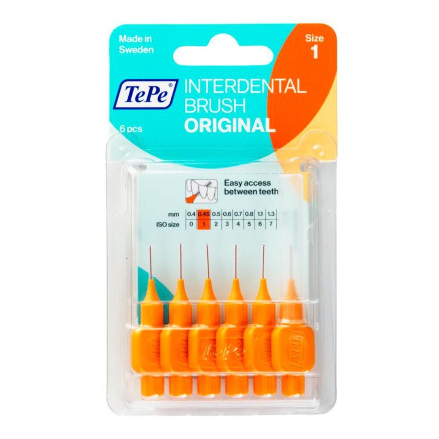 Confezione in plastica trasparente con sei scovolini interdentali arancioni, etichetta blu e scritta TePe