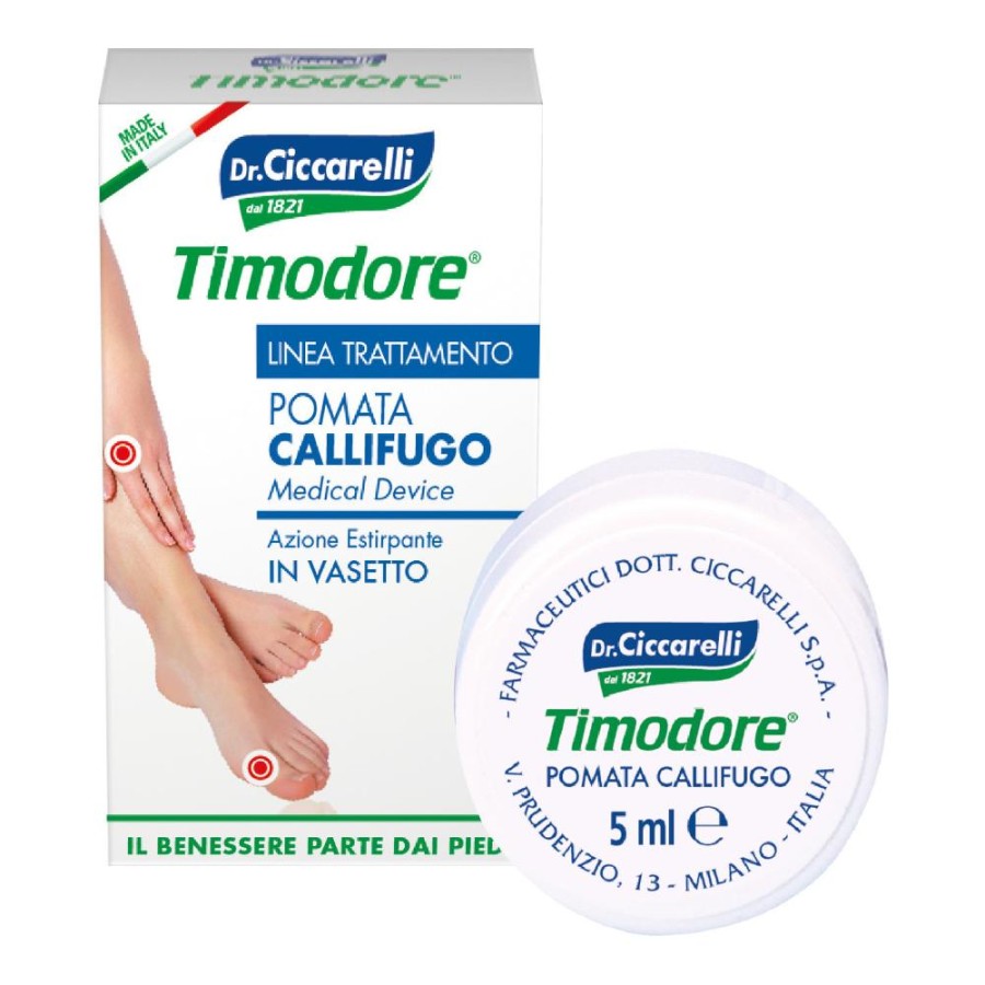Confezione di Timodore Pomat Callifugo in vasetto, con illustrazione di gambe e piedi