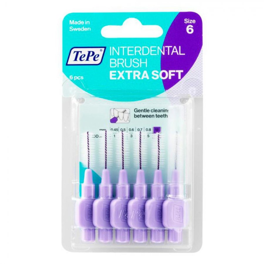 Confezione in plastica trasparente con sei scovolini interdentali viola TePe Extra Soft