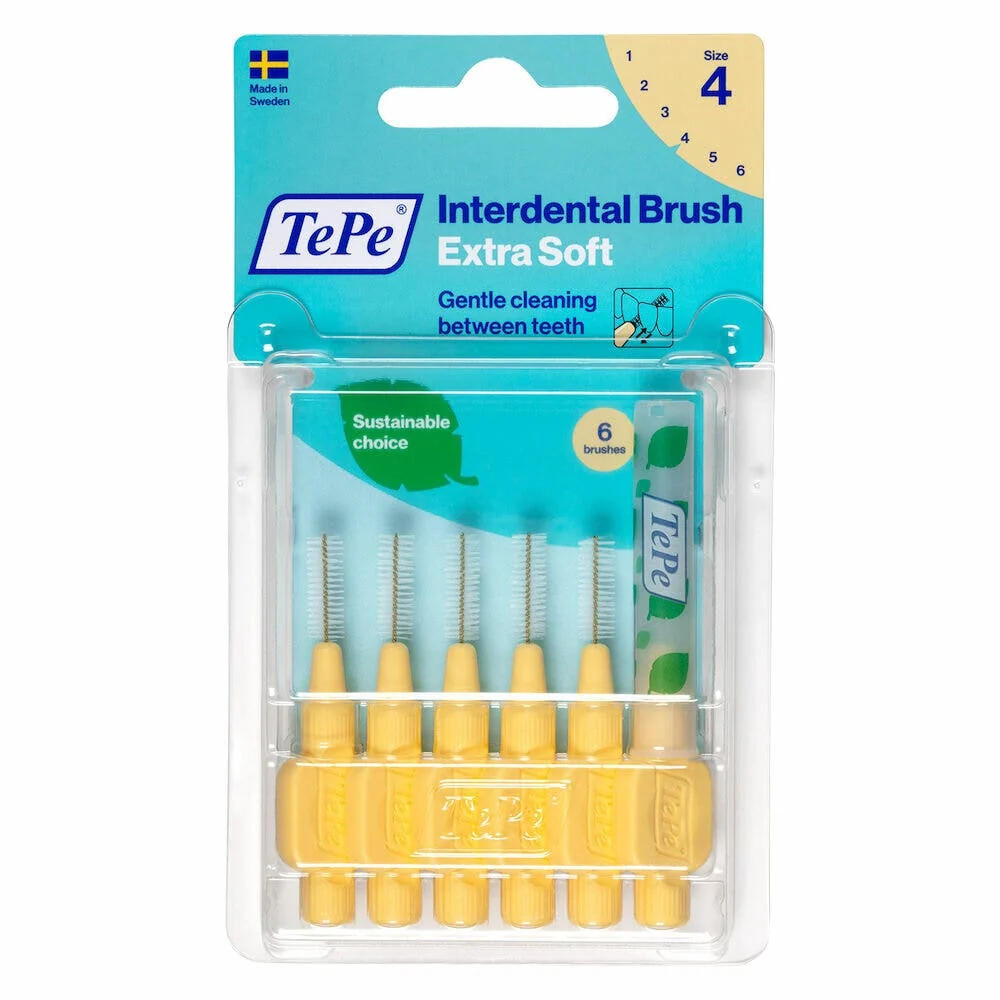 Confezione trasparente con sei scovolini interdentali gialli, marca TePe, con indicazione "Extra Soft