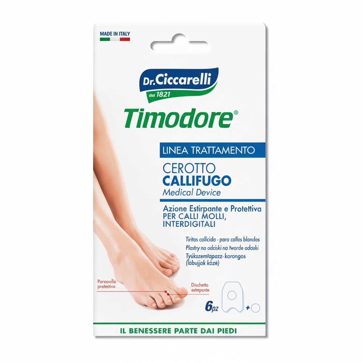 Confezione di Timodore Cerotti Calli Interd digitali, con sei cerotti e una gamba femminile in primo piano