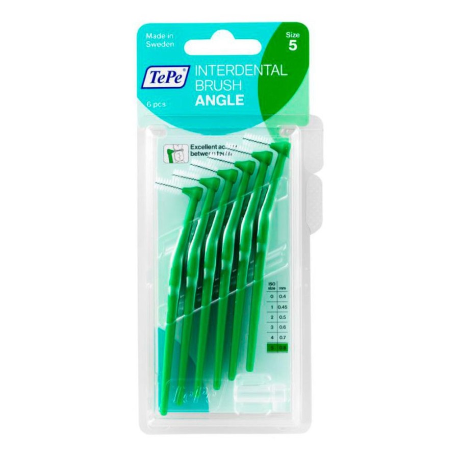 Confezione in plastica trasparente con sei spazzolini interdentali verdi TePe Interdental Brush Angle
