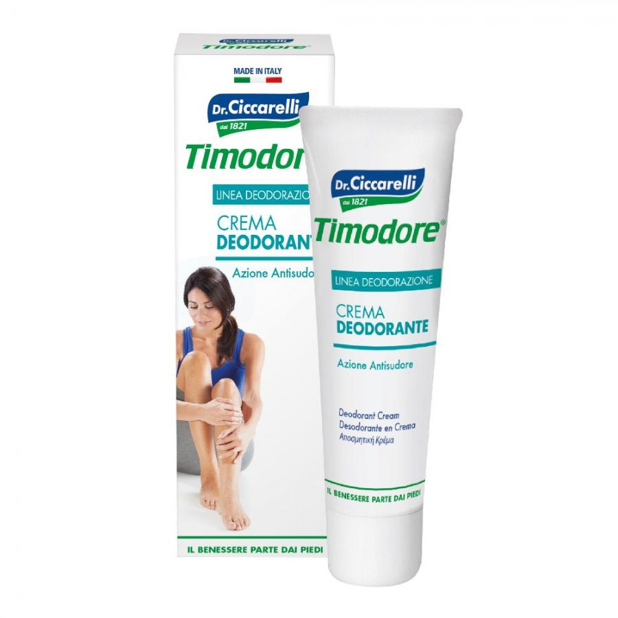 Due confezioni di crema deodorante Timodore Ciccarelli, su sfondo bianco con una donna in posa
