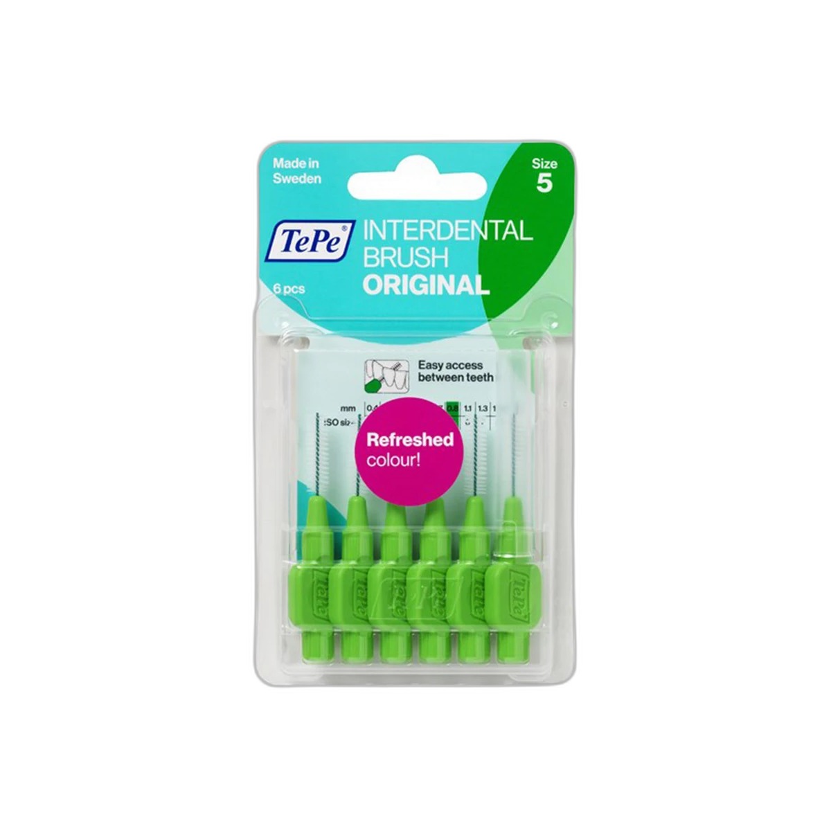 Confezione in plastica trasparente con sei scovolini interdentali verdi, marca TePe, dimensioni 0,8mm
