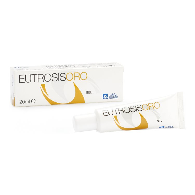 Confezione e tubetto di Eutrosis Oro Gel Orale 20ml, marca DIFA COOPER SpA, su sfondo bianco