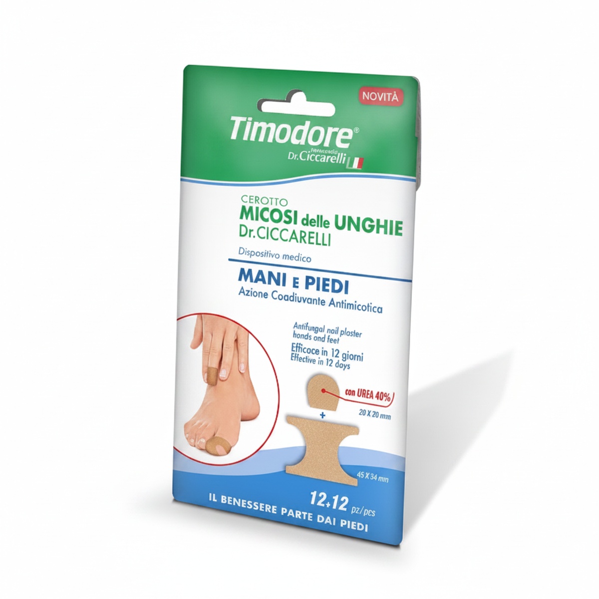 Confezione di cerotti Timodore Micosi Unghie, con illustrazione di mani e piedi e indicazione di 12 cerotti