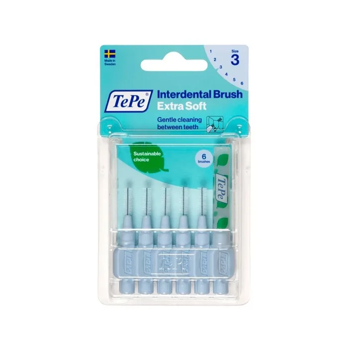 Confezione in plastica trasparente con sei scovolini interdentali TePe Xsoft BL0,6 di colore grigio