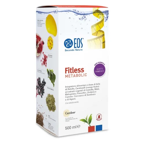 Confezione in cartone rettangolare di Fitless Metabolic FP 500ml, EOS srl, con immagini di frutta e piante