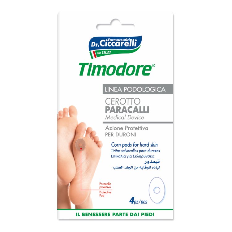 Confezione blister di Timodore Cer Parac Duroni 4pz con illustrazione di un piede e del prodotto applicato