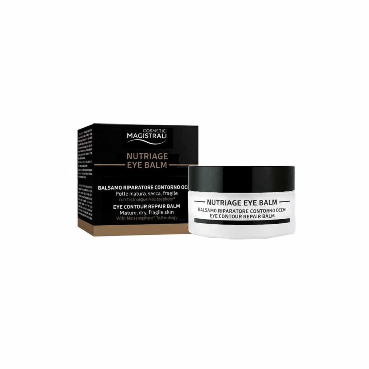 Confezione di balsamo occhi Nutriage Eye Balm, in cartoncino marrone e bianco, con un vasetto in vetro visibile