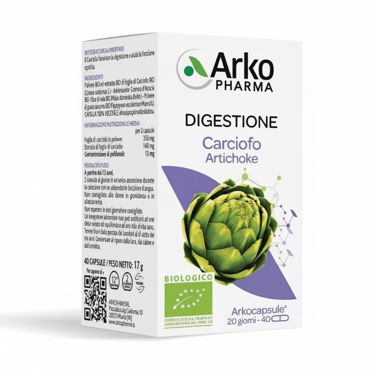 Scatola di cartone con un'immagine di un carciofo e la scritta "Arkofarma Digestion Carciofo" in evidenza
