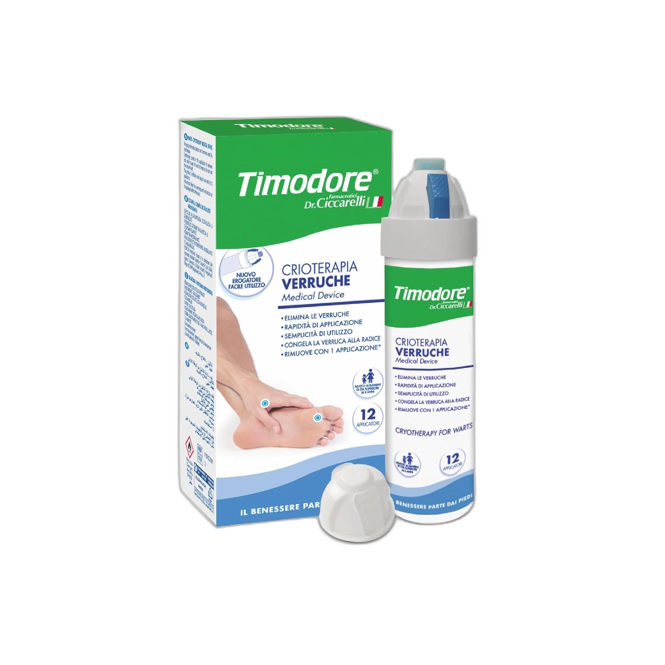 Confezione di Timodore Crioterapia Verruche, con applicatore blu e illustrazione di piedi con verruche